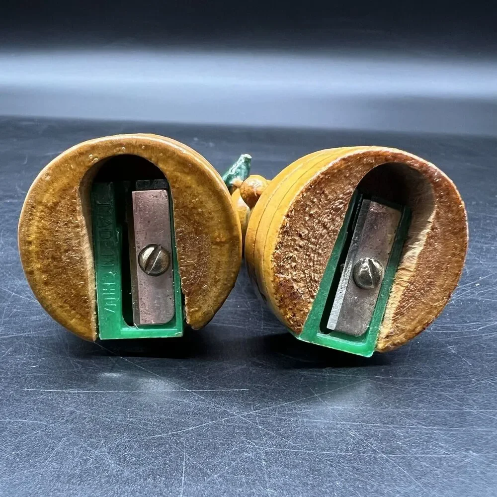 Vtg 2 Wood Handpainted Pencil Sharpeners Pipe Tophat Hiking Staff Midievel Tool